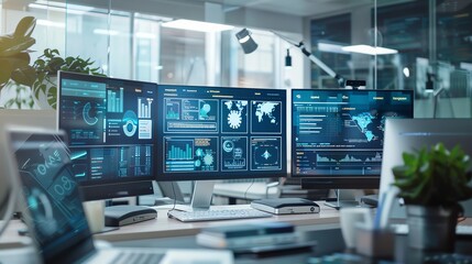 Fototapeta premium A high-tech workspace with multiple screens displaying various e-learning platforms and resources