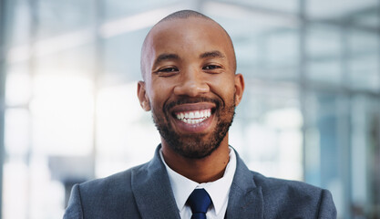 Corporate, portrait and black man with smile in office for legal advice, professional and...