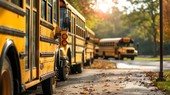 A row of school buses lined up in front of a school, ready for afternoon pickup