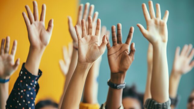 A diverse group of students raising their hands to answer a question in an interactive lesson