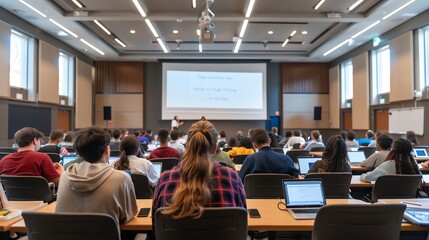 Obraz premium A modern lecture hall filled with students using laptops and digital note-taking tools