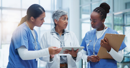 Healthcare, women and doctor with tablet and clipboard for discussion about medical procedure or...