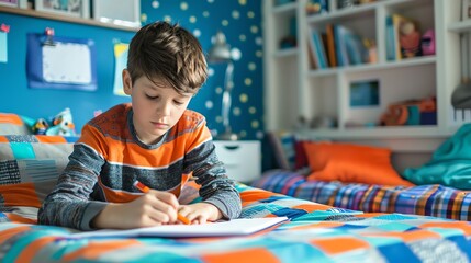 A young boy concentrating on his homework in his colorful, well-organized bedroom - Powered by Adobe