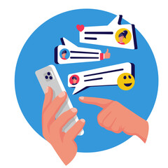 Chat concept. Man hold in hand smartphone. Text bubble. People using mobile gadgets for communication. Texting messages in internet. Vector illustration flat design.