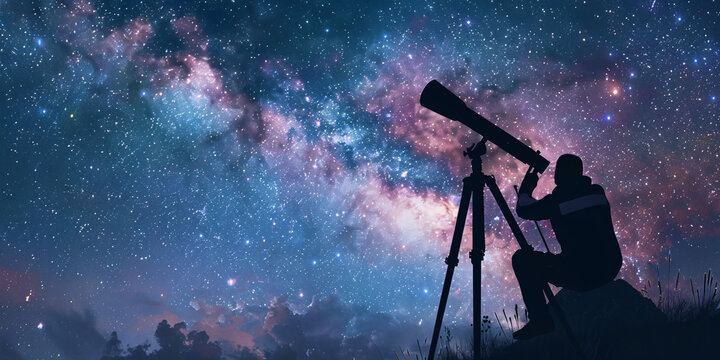 silhouette of astronomer with telescope watching over star sky