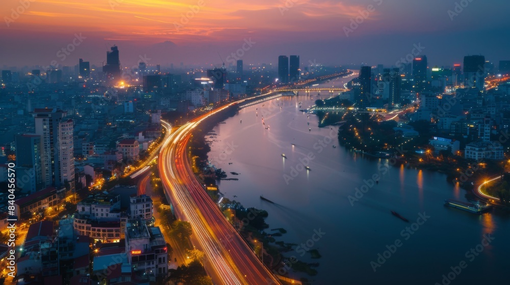 Fototapete smart city and wireless communication network concept. digital network connection lines of hanoi cit