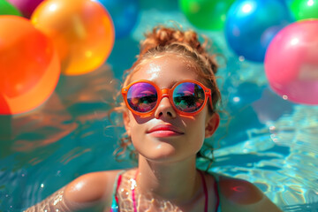 Young Girl in Sunglasses at Pool Party.