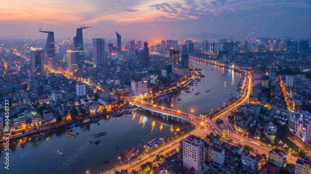 Poster Smart city and wireless communication network concept. Digital network connection lines of Hanoi city, Vietnam