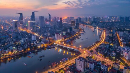 Fototapeta premium Smart city and wireless communication network concept. Digital network connection lines of Hanoi city, Vietnam