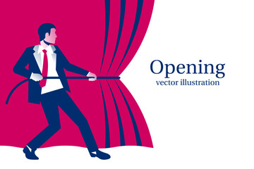 Businessman hands pull rope red cloth. Grand opening concept. Vector illustration flat design. Isolated on white background. Ceremony, celebration, presentation and event.