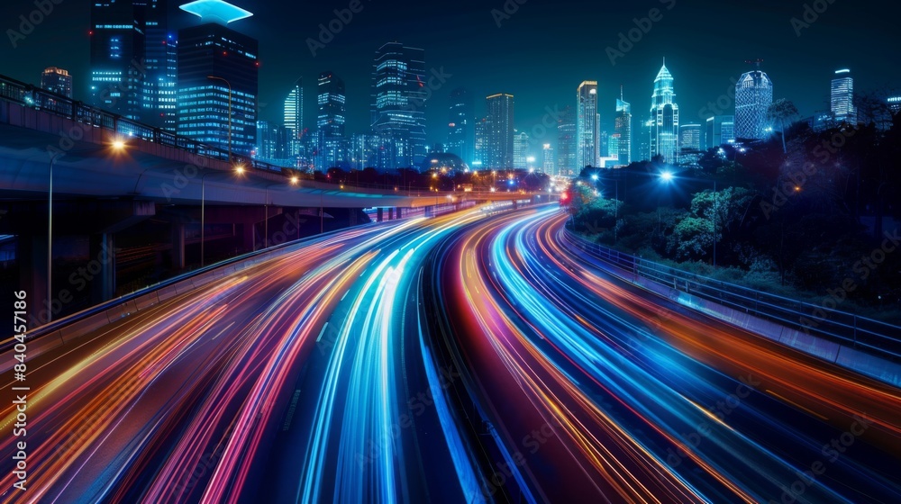 Aufkleber smart city with speed line glowing light trail surround the city. big data connection technology con