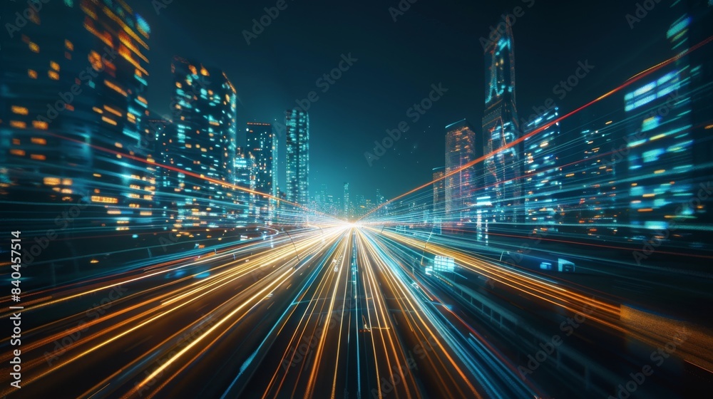 Poster smart city with speed line glowing light trail surround the city. big data connection technology con