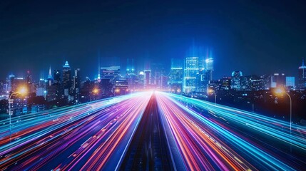 Obraz premium Smart city with speed line glowing light trail surround the city. big data connection technology concept