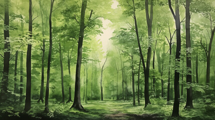Obraz premium Watercolor painting of a verdant forest path, with sunlight filtering through the leafy canopy
