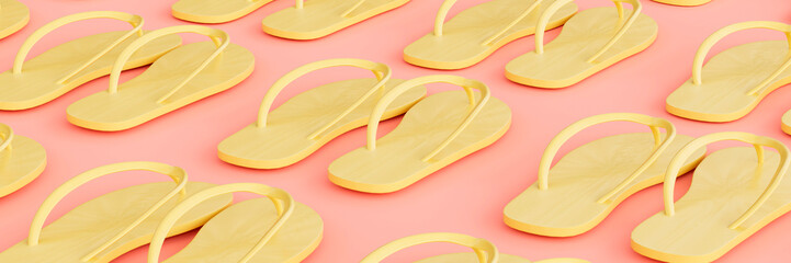 Repetitive flat lay of rows of flip flops on a vibrant pink background concept 3d render