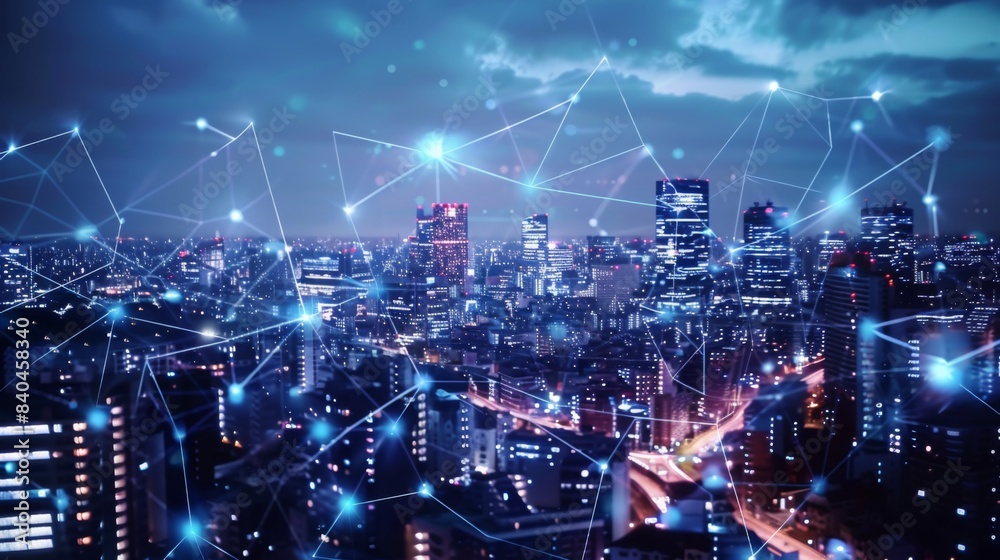 Aufkleber smart digital city with connection network reciprocity over the cityscape . concept of future smart 