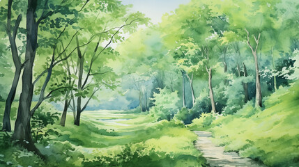 Watercolor forest path landscape