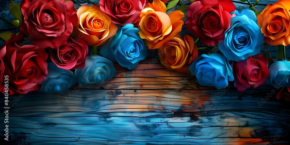 Wall mural colorful 3d floral fashion cards showcasing vibrant roses on a wooden background. concept fashion ph - Wall murals