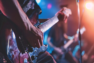 Obraz premium close up of guitar in hands at concert
