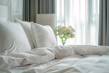 close up of white duvet and pillows on the bed