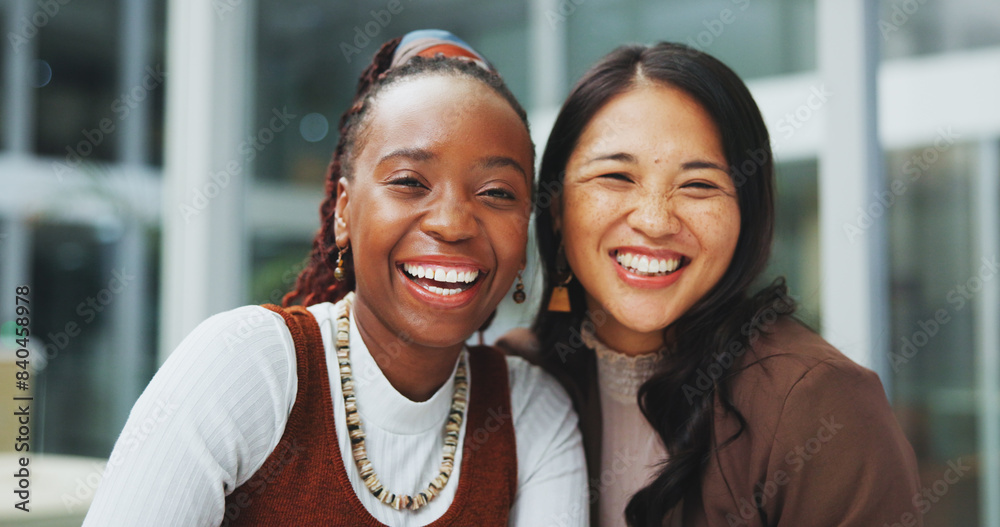 Canvas Prints Work, friends and portrait in office with diversity, support and people at copywriting company in London. Professional, women and hug together with solidarity or community in corporate workplace