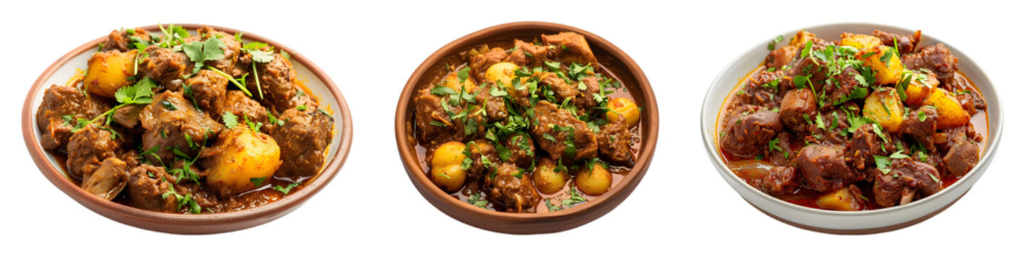 set of aloo mutton in plate, salan,  ready to eat, on transparent background