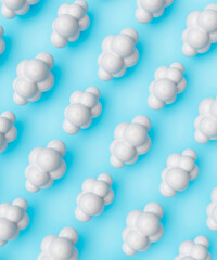 Repetitive flat lay of rows of white fluffy clouds on a vibrant blue background concept 3d render