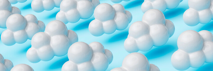 Repetitive flat lay of rows of white fluffy clouds on a vibrant blue background concept 3d render