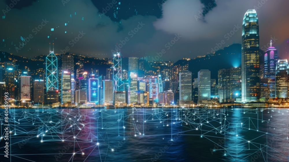 Poster Smart network and Connection technology concept with Hong Kong city background at night