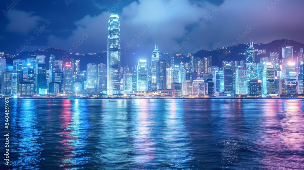 Poster Smart network and Connection technology concept with Hong Kong city background at night