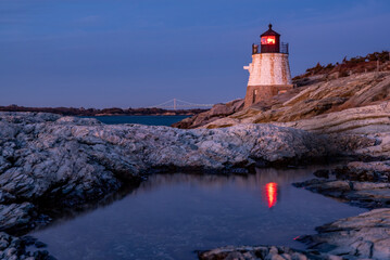 Old lighthouse at sunset . Castle Hill Lighthous. Newport, Rhode Island, United States
