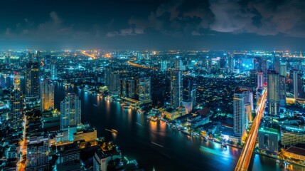 Obraz premium Smart network and Connection technology concept with Bangkok city background at night in Thailand, Panorama view