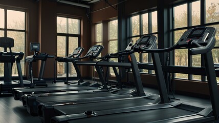 Fototapeta premium Several empty treadmills inside of gym.