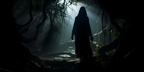 Mysterious female ghost silhouette in eerie forest setting. Concept Mysterious, Ghost Silhouette, Female, Eerie Forest, Setting