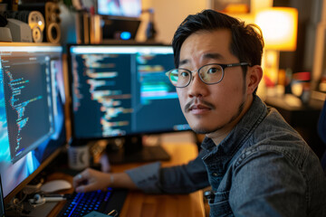 a Korean man attending a virtual coding bootcamp from his home office, with professional setup
