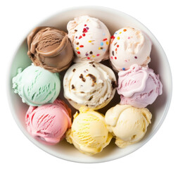 PNG Many ice cream flavour on a white bowl dessert food white background. 