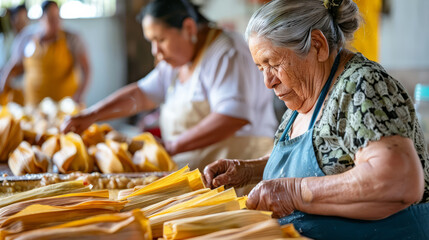 a Latin American family running a home-based tamales business, preparing and packaging tamales