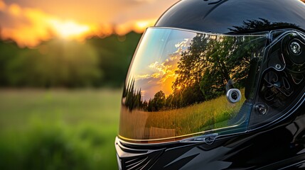 Reflection of a vibrant sunset in a motorcycle helmet visor, capturing the beauty of nature and adventure in a single frame.