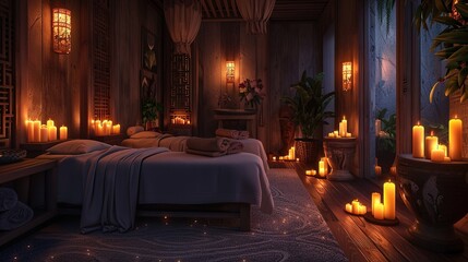 Tranquil spa ambiance: dimly lit candles illuminate massage room with open 