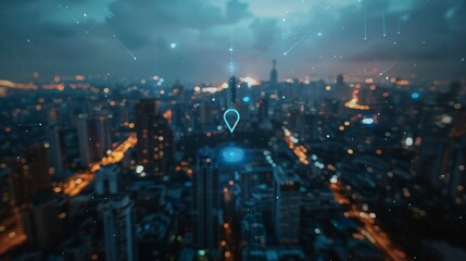 Fototapeta premium Symbol map pin and network for searching location above city scape with blue tone.