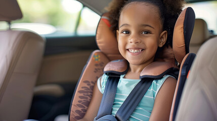 pro photo of smiling child sitting in a booster seat in the back of a car