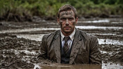 A sad, upset man dressed in a suit and tie lies half in the mud, which makes him all dirty.