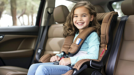 pro photo of smiling child sitting in a booster seat in the back of a car