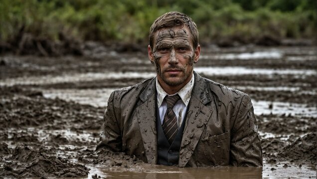 A sad, upset man dressed in a suit and tie lies half in the mud, which makes him all dirty.