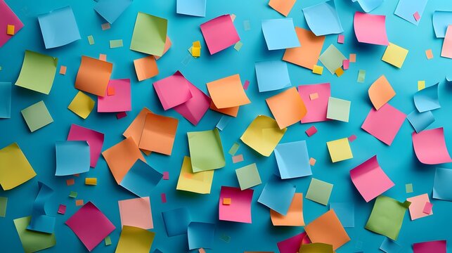 Colorful sticky notes scattered on a blue background in a flat lay. An abstract concept of a working process or business plan with colored sticky post-it cards.