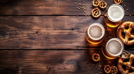 Oktoberfest Beer and Pretzels Setup on Wooden Background