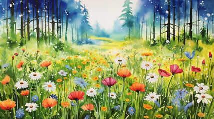 Watercolor forest meadow summer landscape