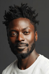 A close-up portrait of a Black man with dreadlocks smiling at the camera