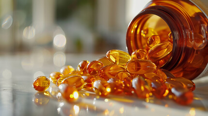 Fish oil supplements are crumbling out from open bottle on table. Background of close-up omega 3 softgels.