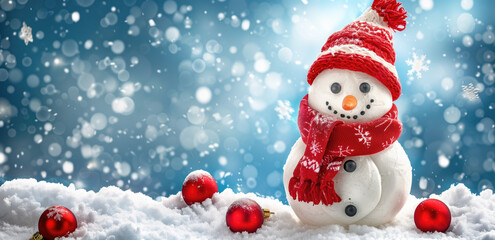 Fototapeta premium Cheerful snowman with red scarf and hat in snowy winter scene.